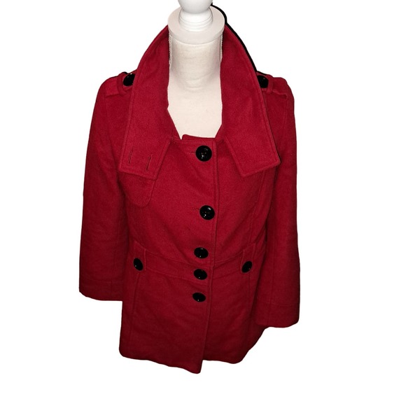 FLIRTY RED Coat Black Fleece Buttons peek-a-boo button up neck Sz SMALL Ladies - Picture 5 of 11